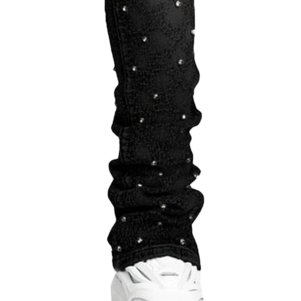 SWJGLITTR Men Stacked Rhinestone Jeans Frayed Straight Leg